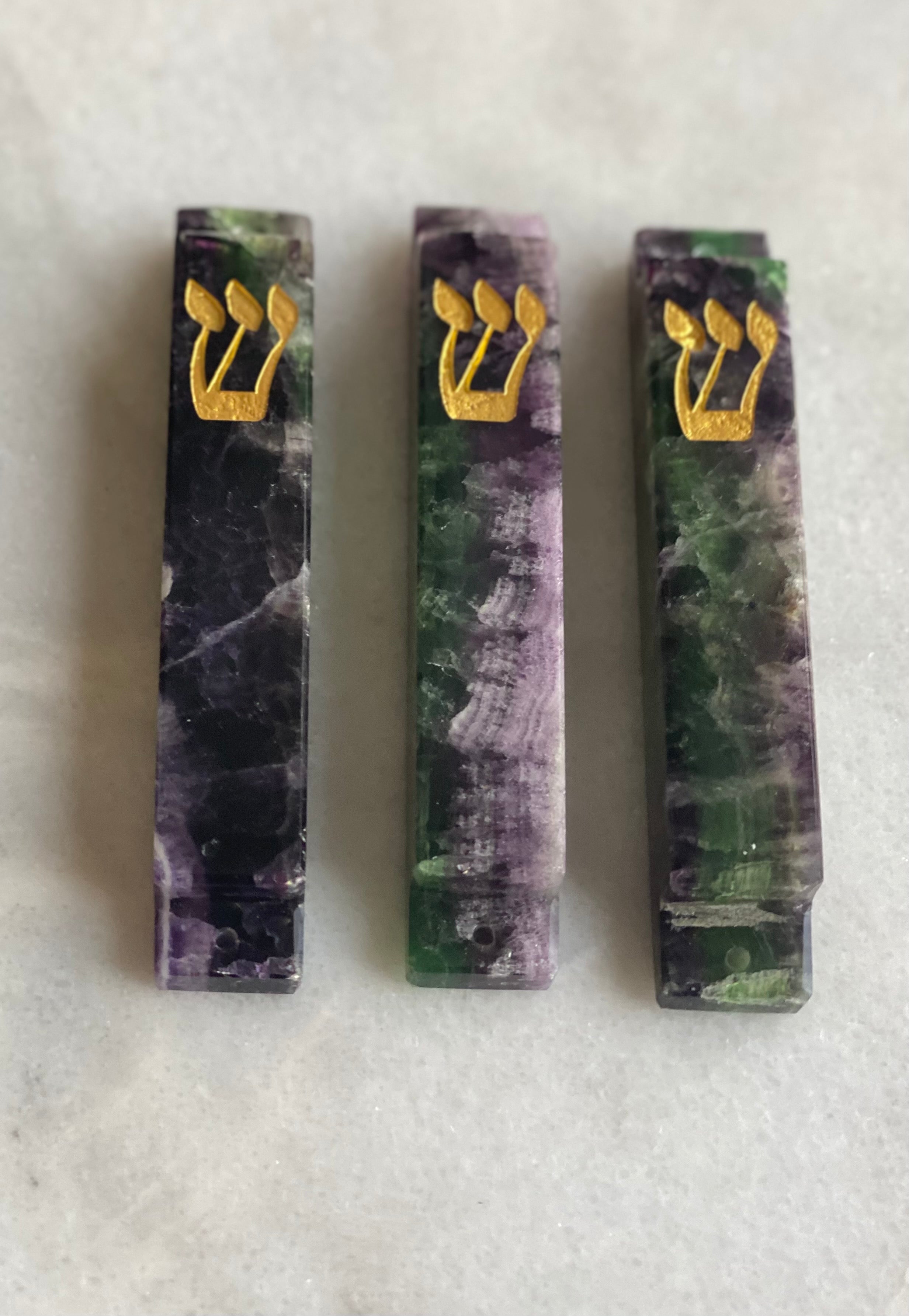 Green & Purple Fluorite Stone Mezuzah Gold Shin | LARGE