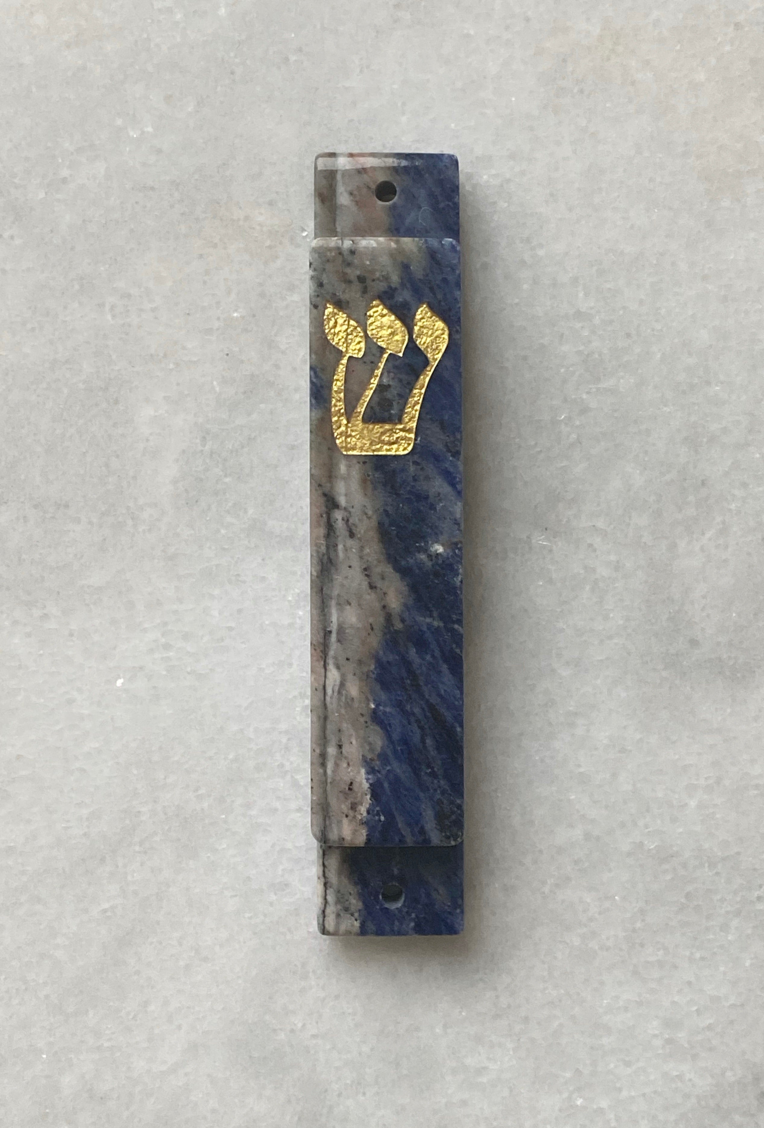 Blue Sodalite & Beige Stone Mezuzah with Gold Shin