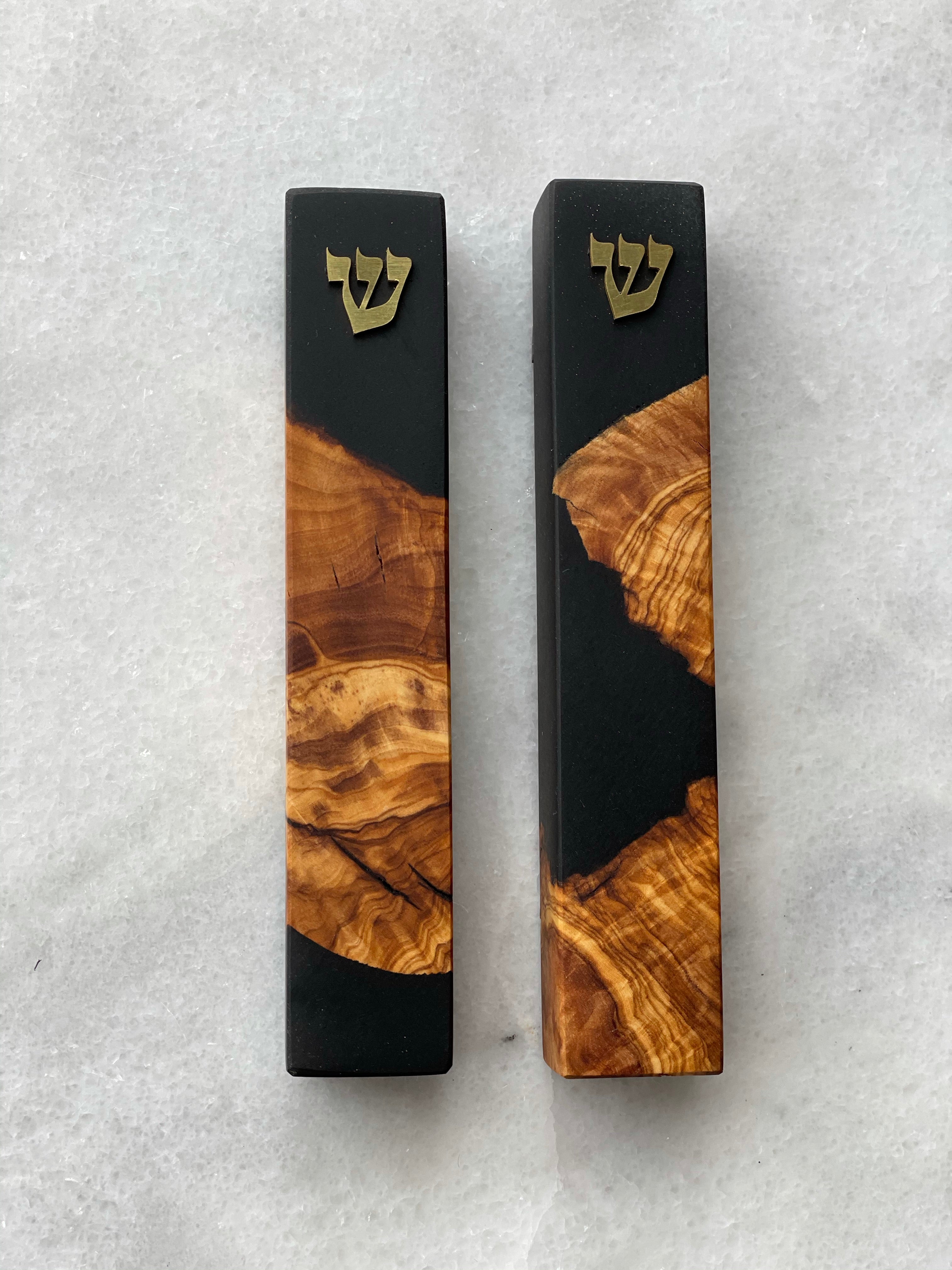 Olive Wood + Black Mezuzah | Gold Shin