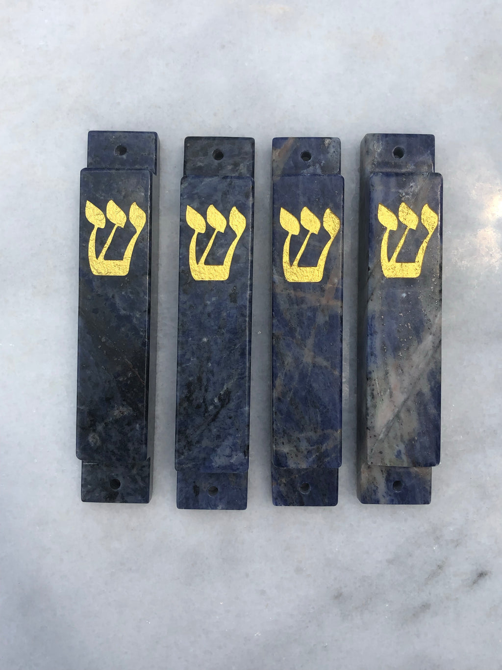 Blue Sodalite Stone Mezuzah with Gold Shin