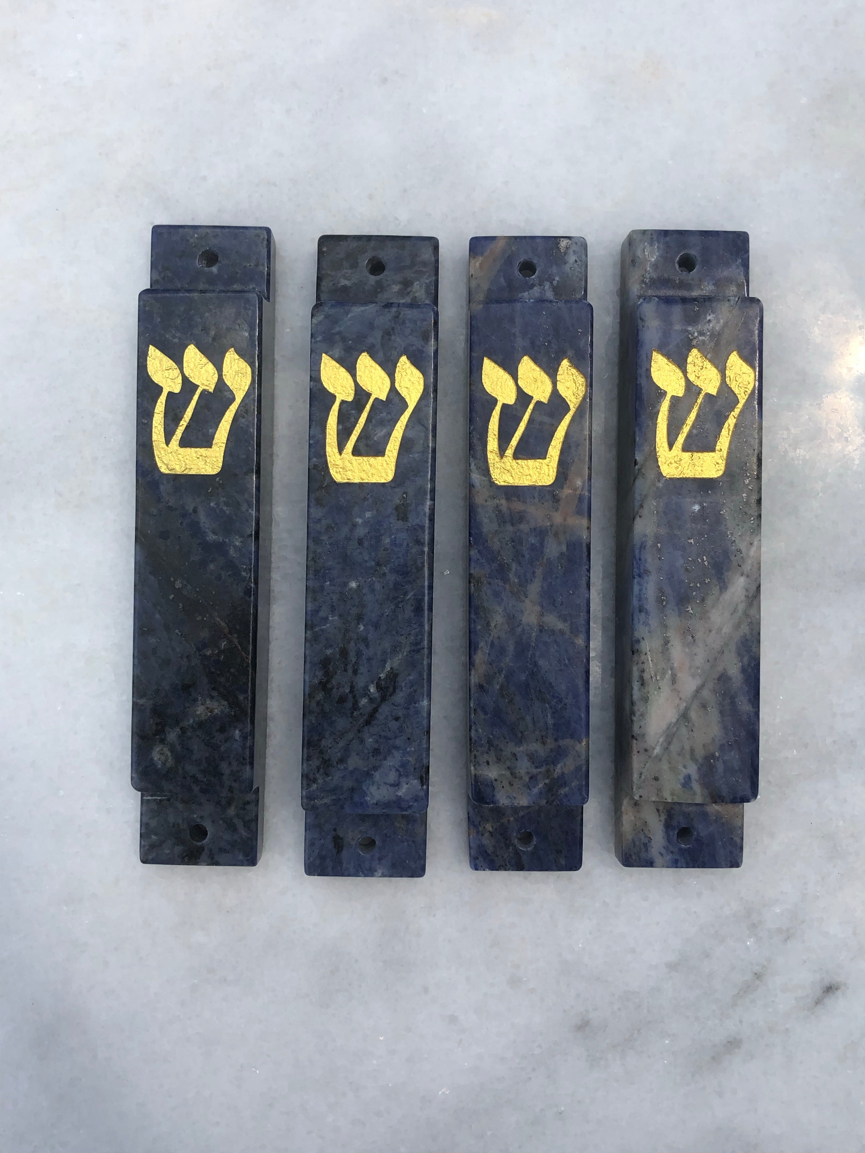 Blue Sodalite Stone Mezuzah with Gold Shin