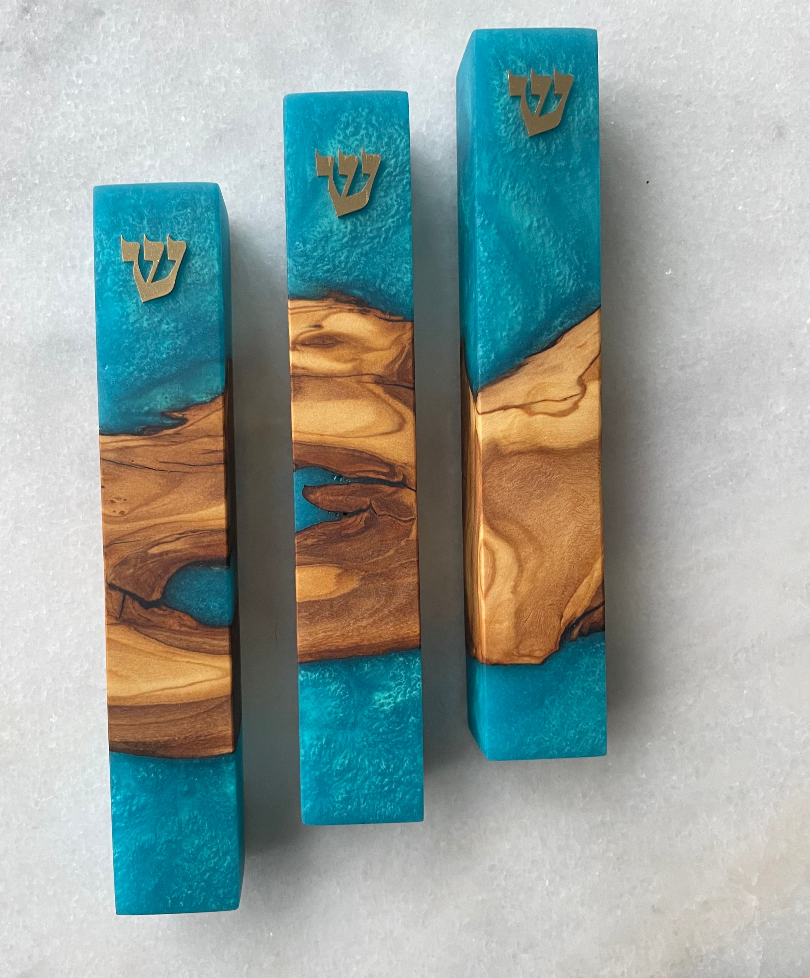Olive Wood + Bora Bora Blue Mezuzah | Gold Shin