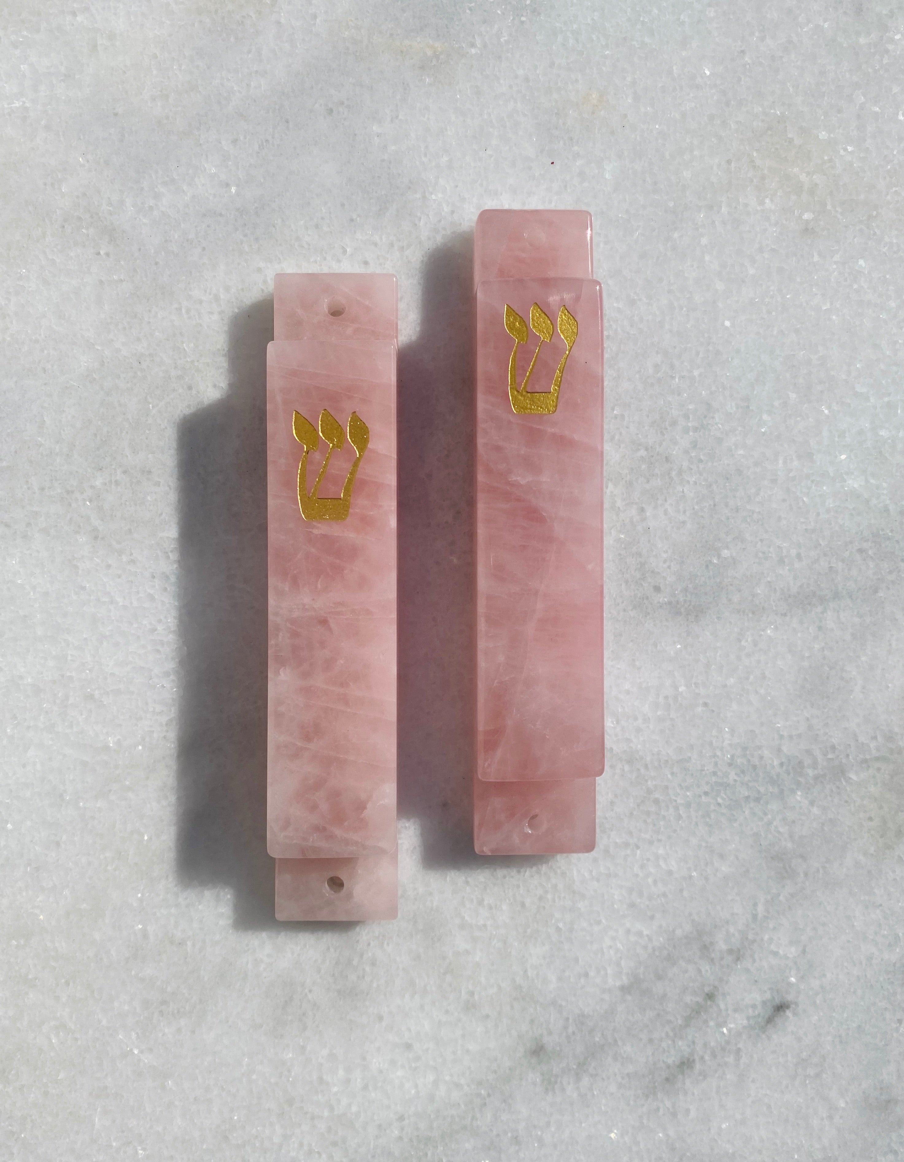 Carved Pink Quartz Stone with Gold Shin Mezuzah