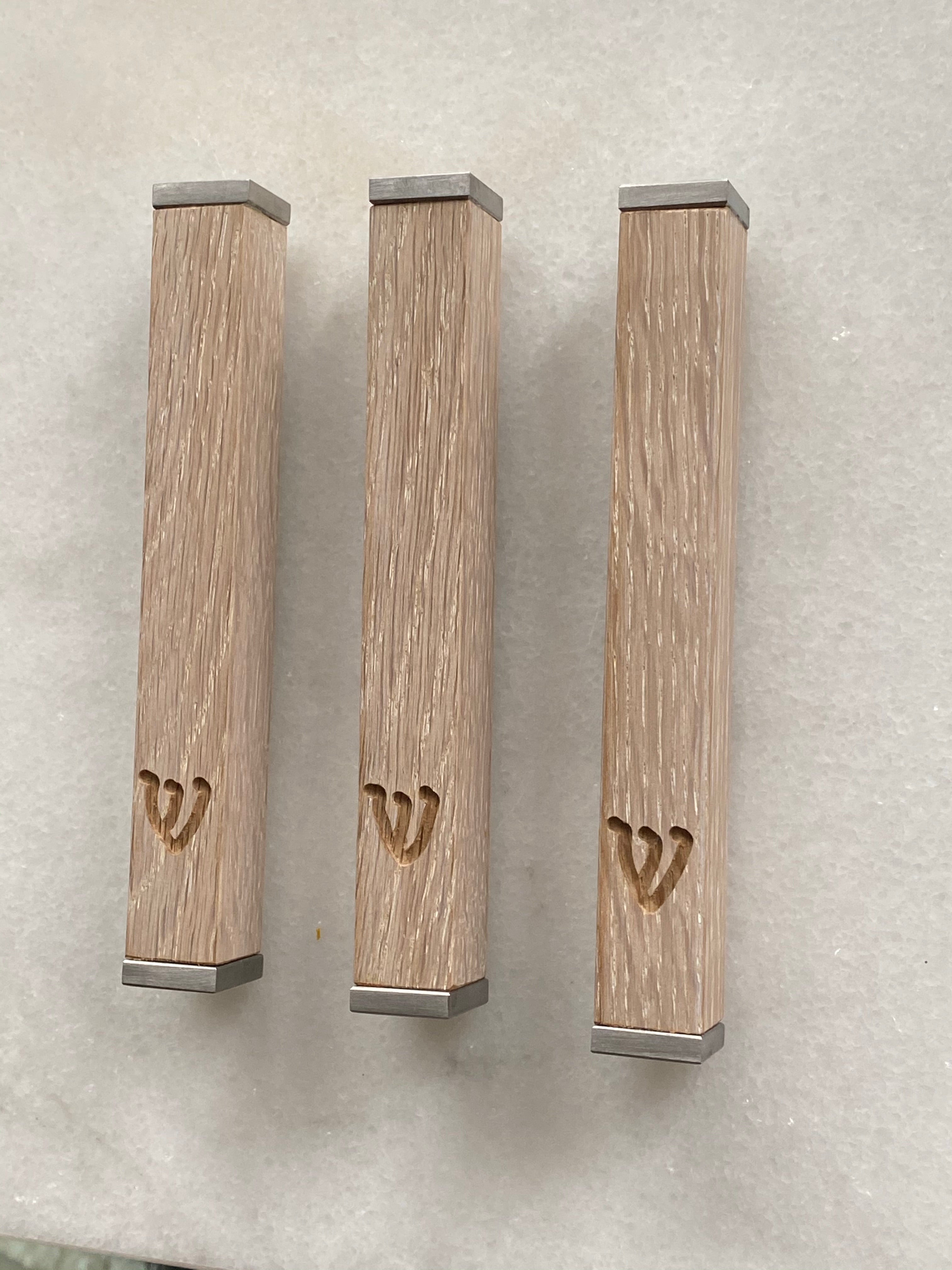 Whitewashed Stain Oak Mezuzah | Stainless Steel caps