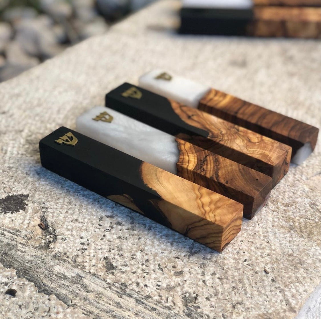 Olive Wood + Black Mezuzah | Gold Shin