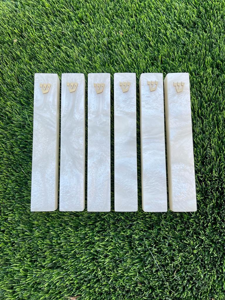 White Resin Mezuzah | Gold Shin