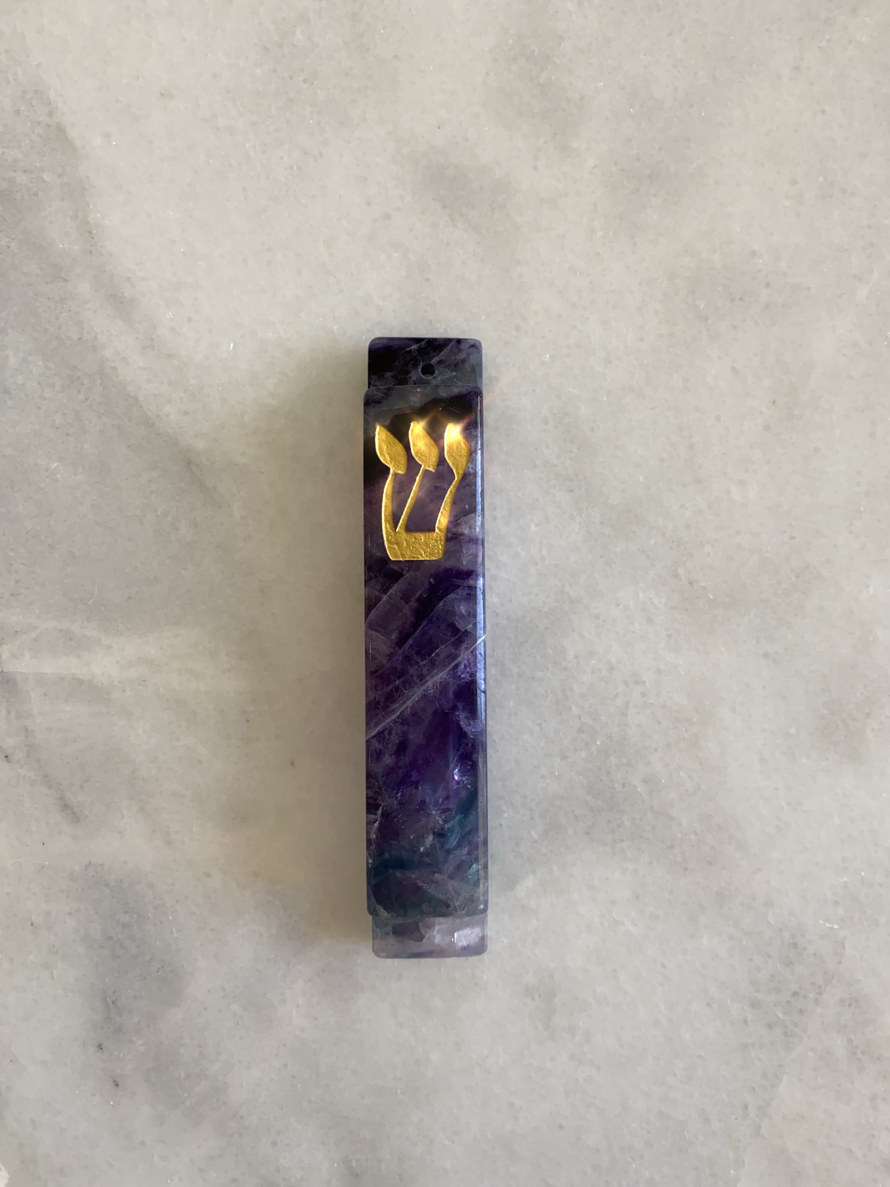 Purple Fluorite Stone Mezuzah Gold Shin