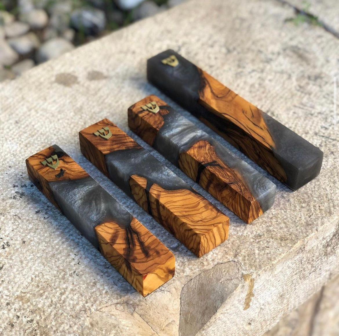 Olive Wood + Grey Mezuzah | Gold Shin
