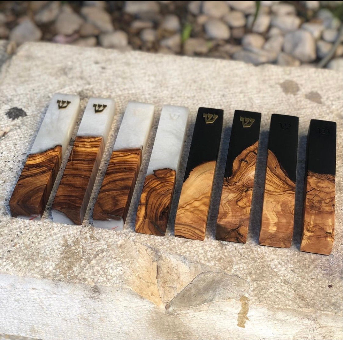 Olive Wood + White Mezuzah | Engraved Shin
