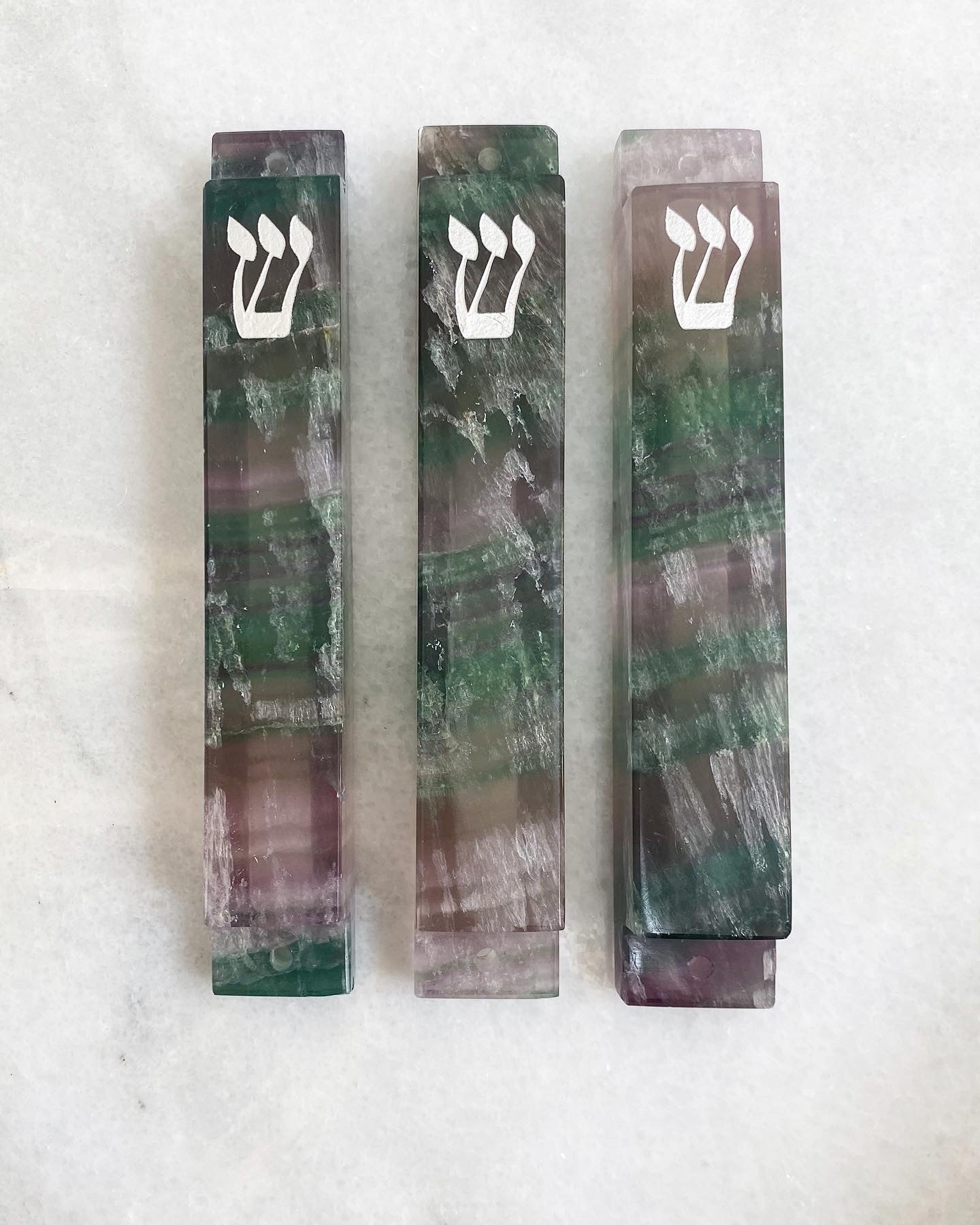 Green and Purple Large Fluorite Stone Mezuzah Silver Shin