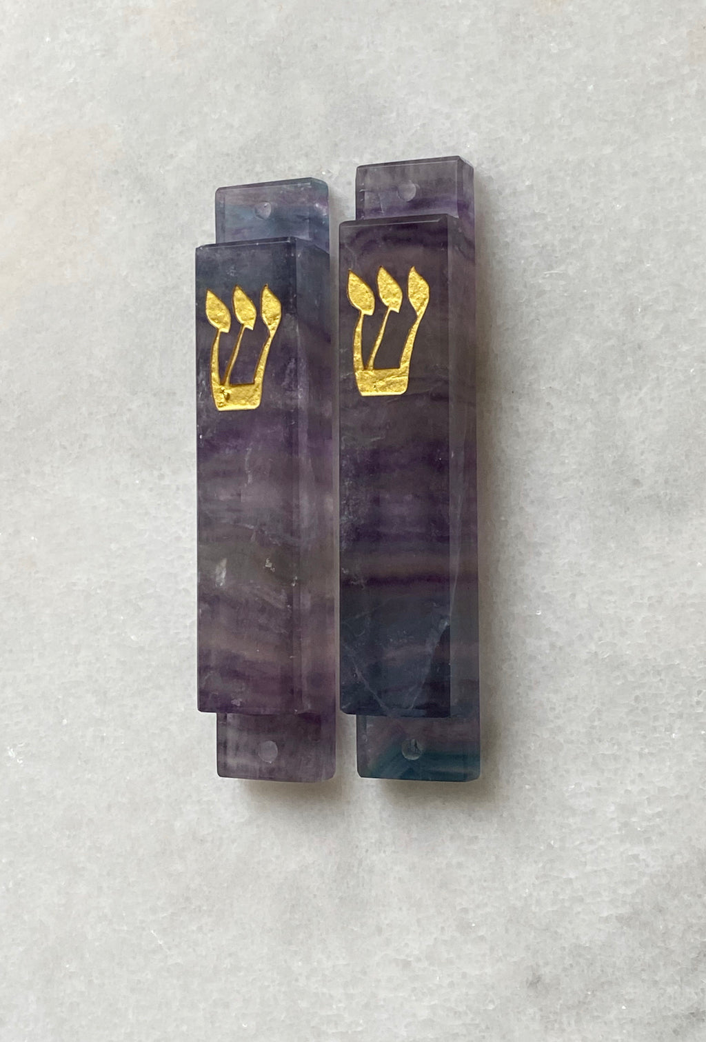Green & Purple Fluorite Stone Mezuzah Gold Shin