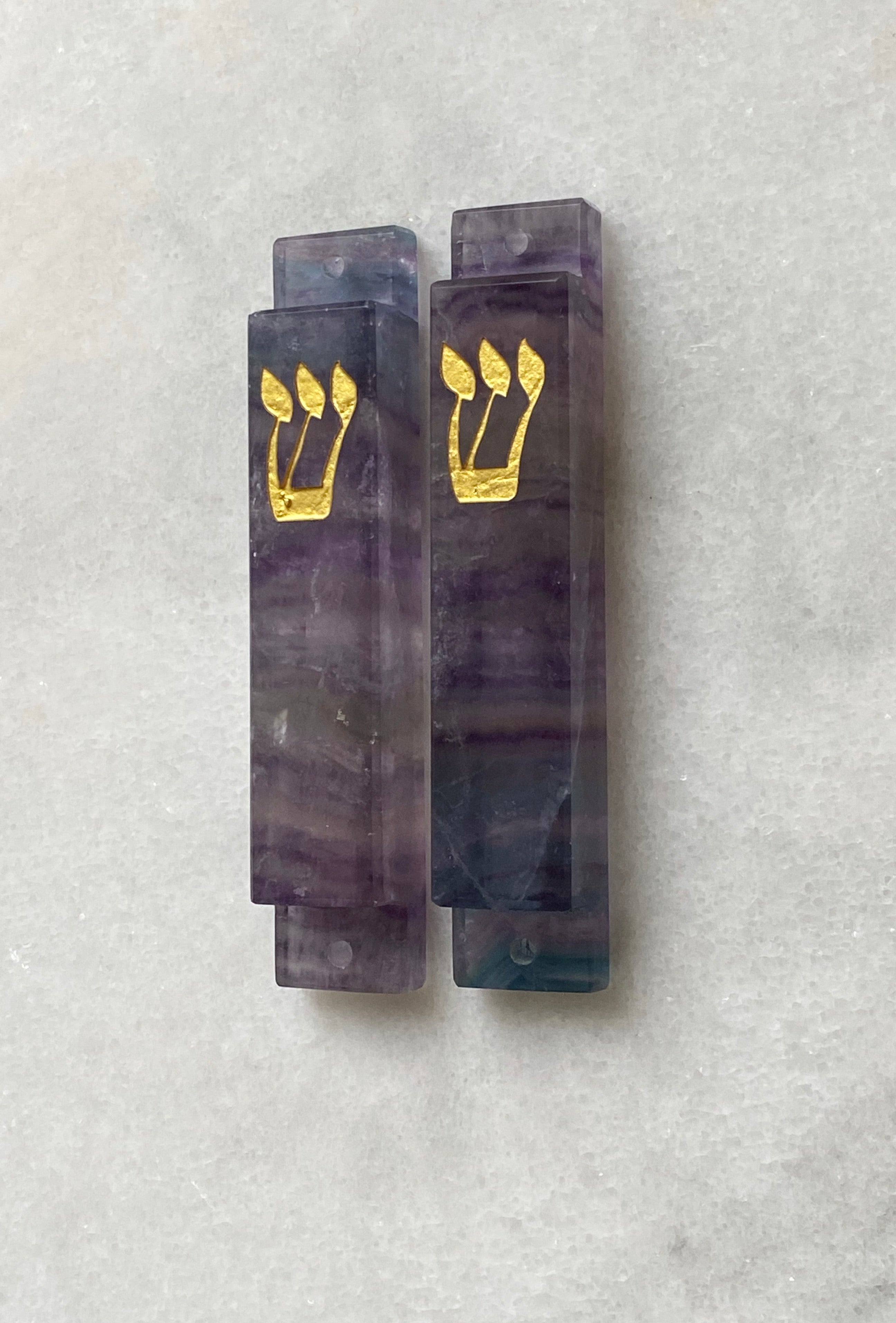 Green & Purple Fluorite Stone Mezuzah Gold Shin