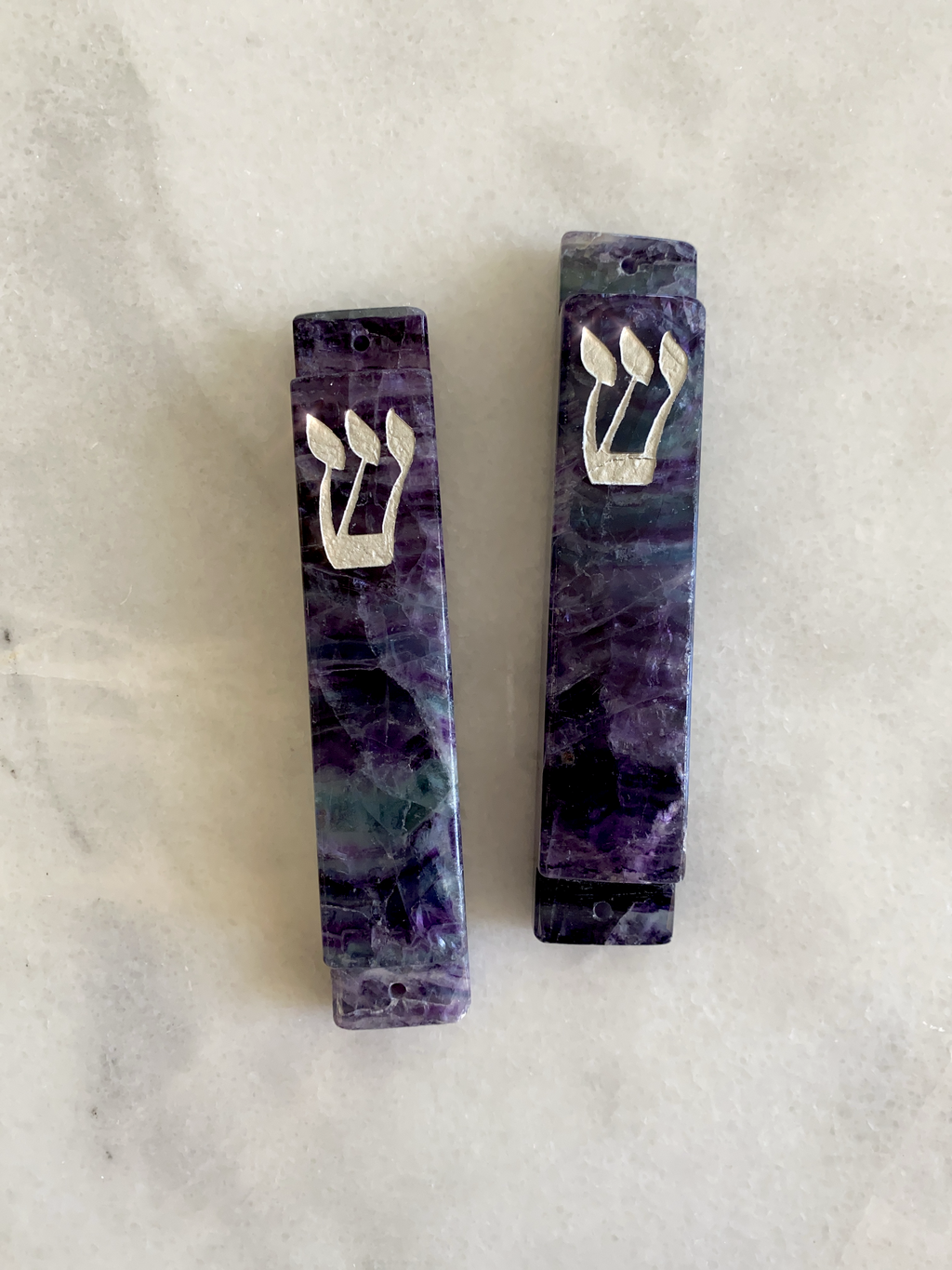 Purple Fluorite Stone Mezuzah Silver Shin