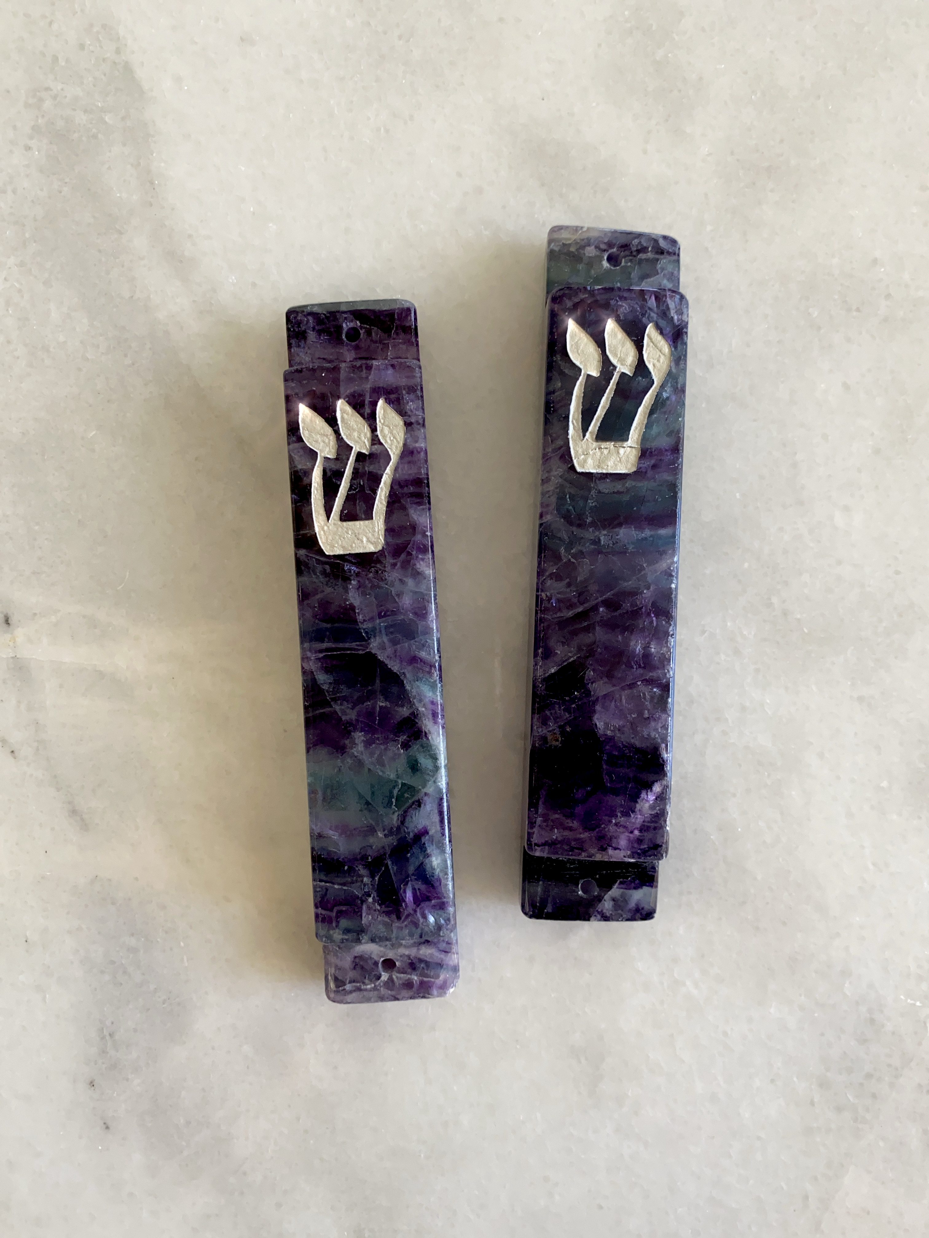 Purple Fluorite Stone Mezuzah Silver Shin