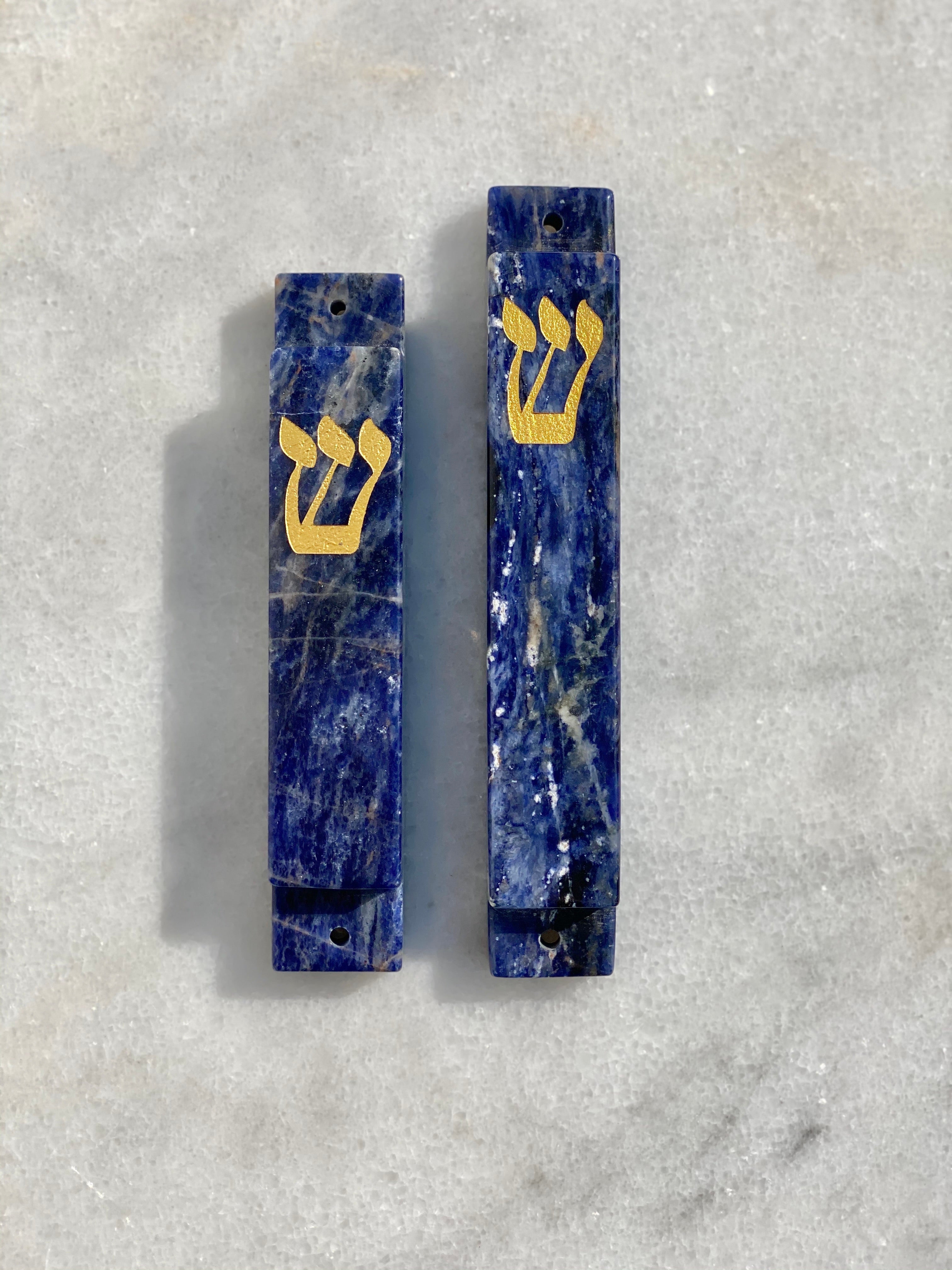 Blue Sodalite Stone Mezuzah with Gold Shin