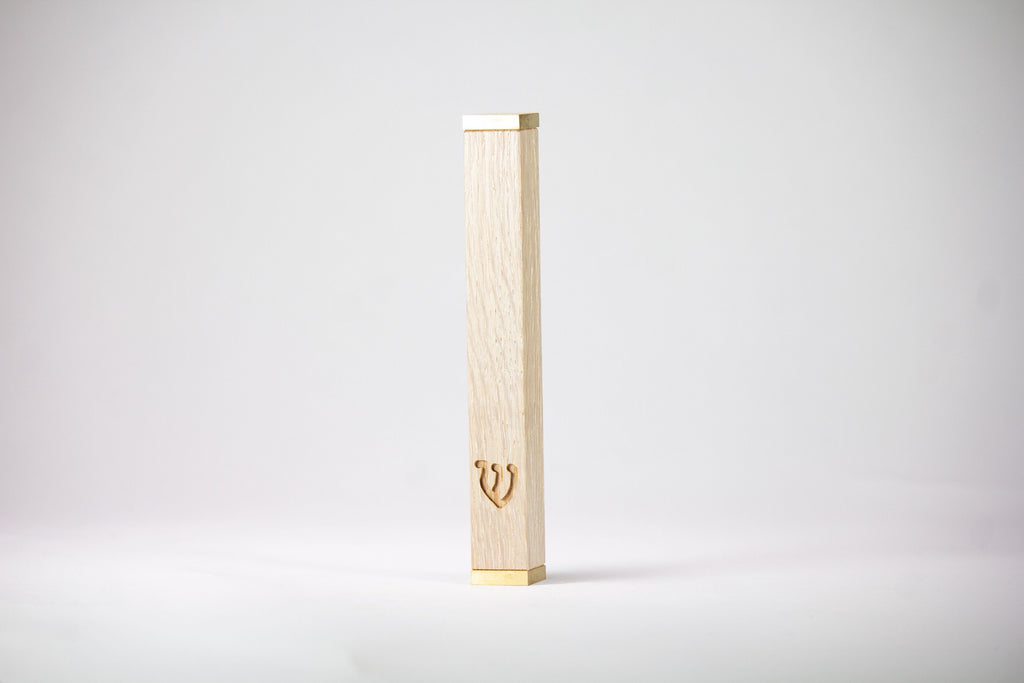 Whitewashed Stain Oak Mezuzah + Brass