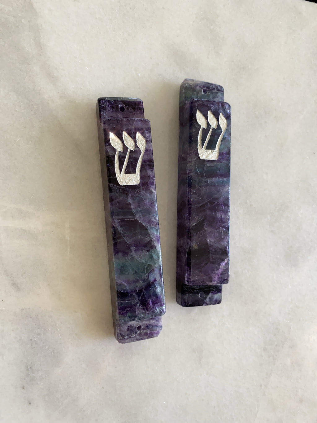 Purple Fluorite Stone Mezuzah Silver Shin
