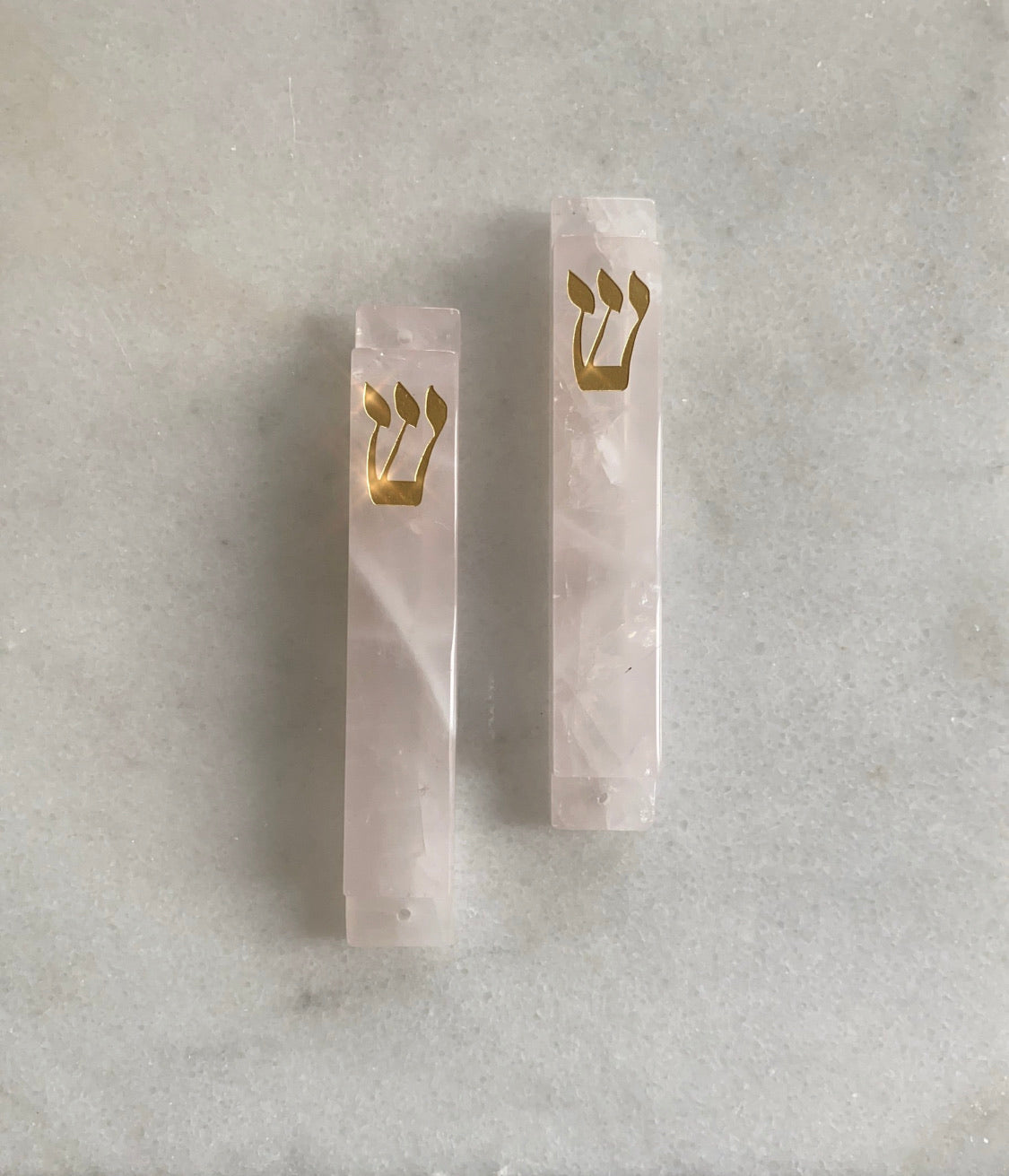 Carved Pink Quartz Stone with Gold Shin Mezuzah - LARGE