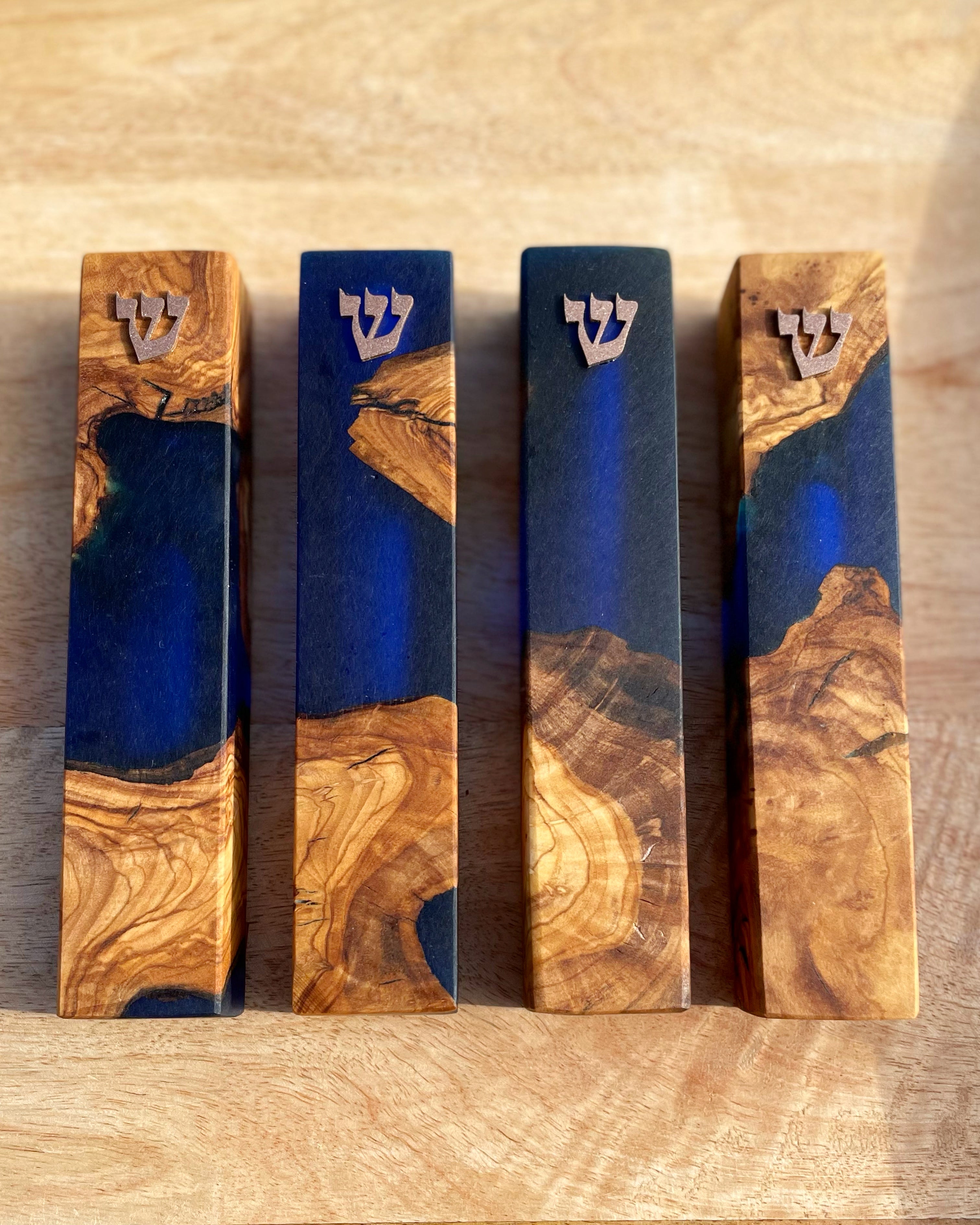 Olive Wood + Navy Blue Mezuzah | Gold Shin