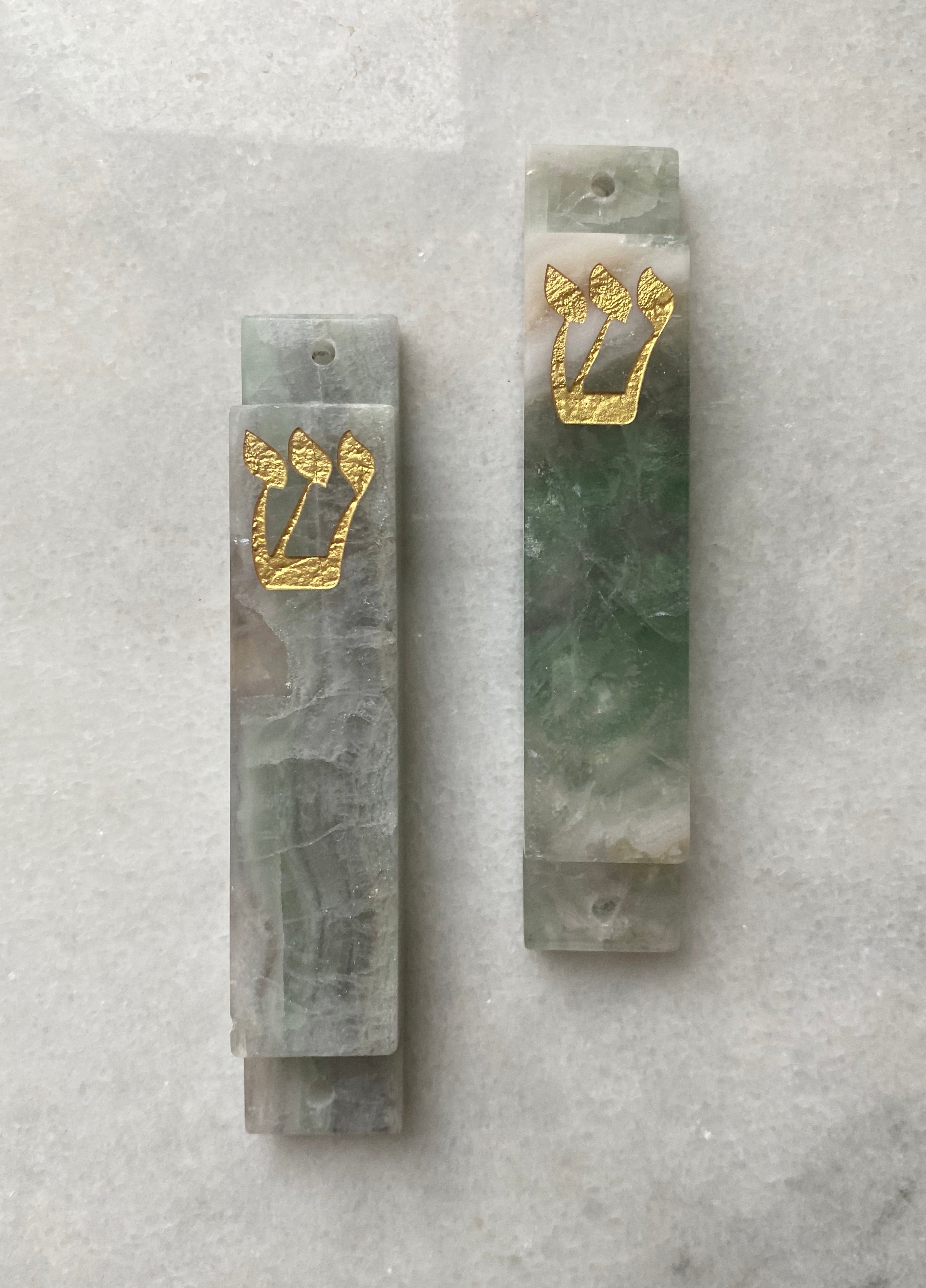 Light green & White Fluorite Stone Mezuzah Gold Shin
