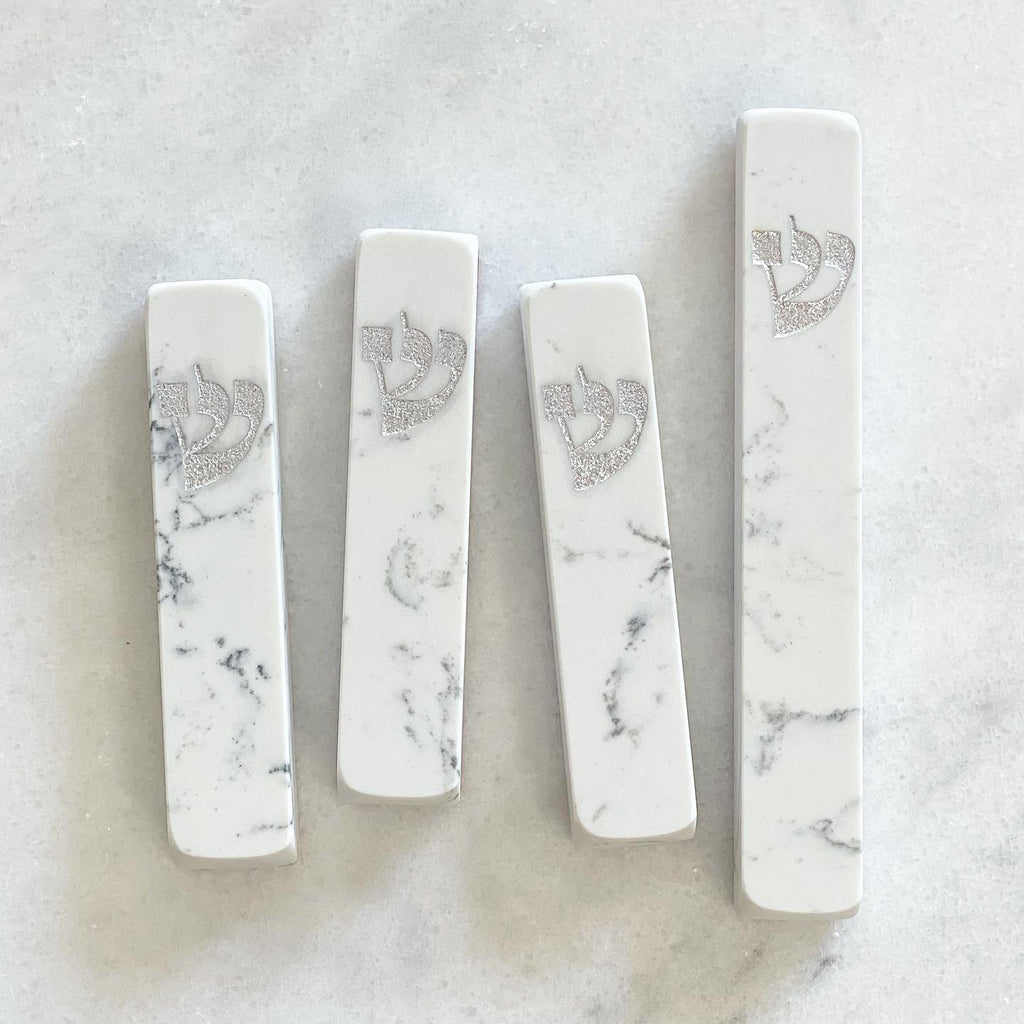 Carrara Mezuzah | Engraved Silver Shin