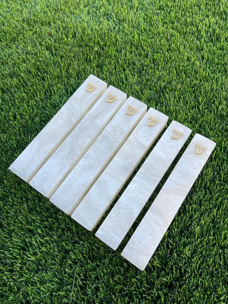 White Resin Mezuzah | Gold Shin