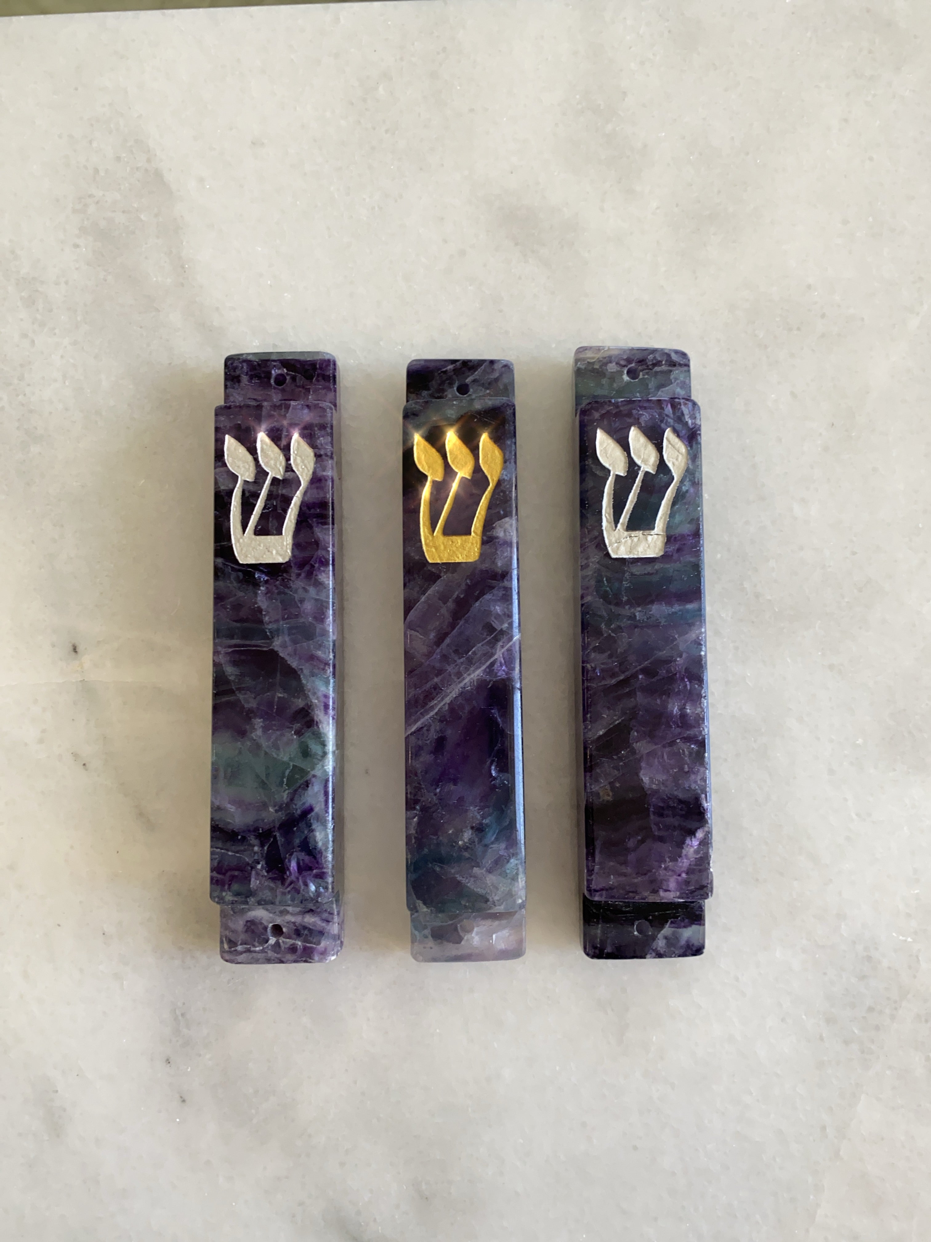 Purple Fluorite Stone Mezuzah Gold Shin