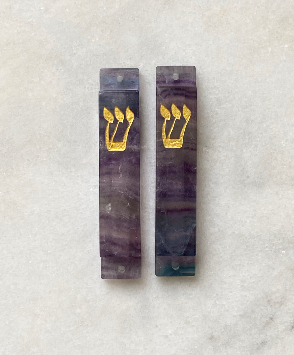 Green & Purple Fluorite Stone Mezuzah Gold Shin