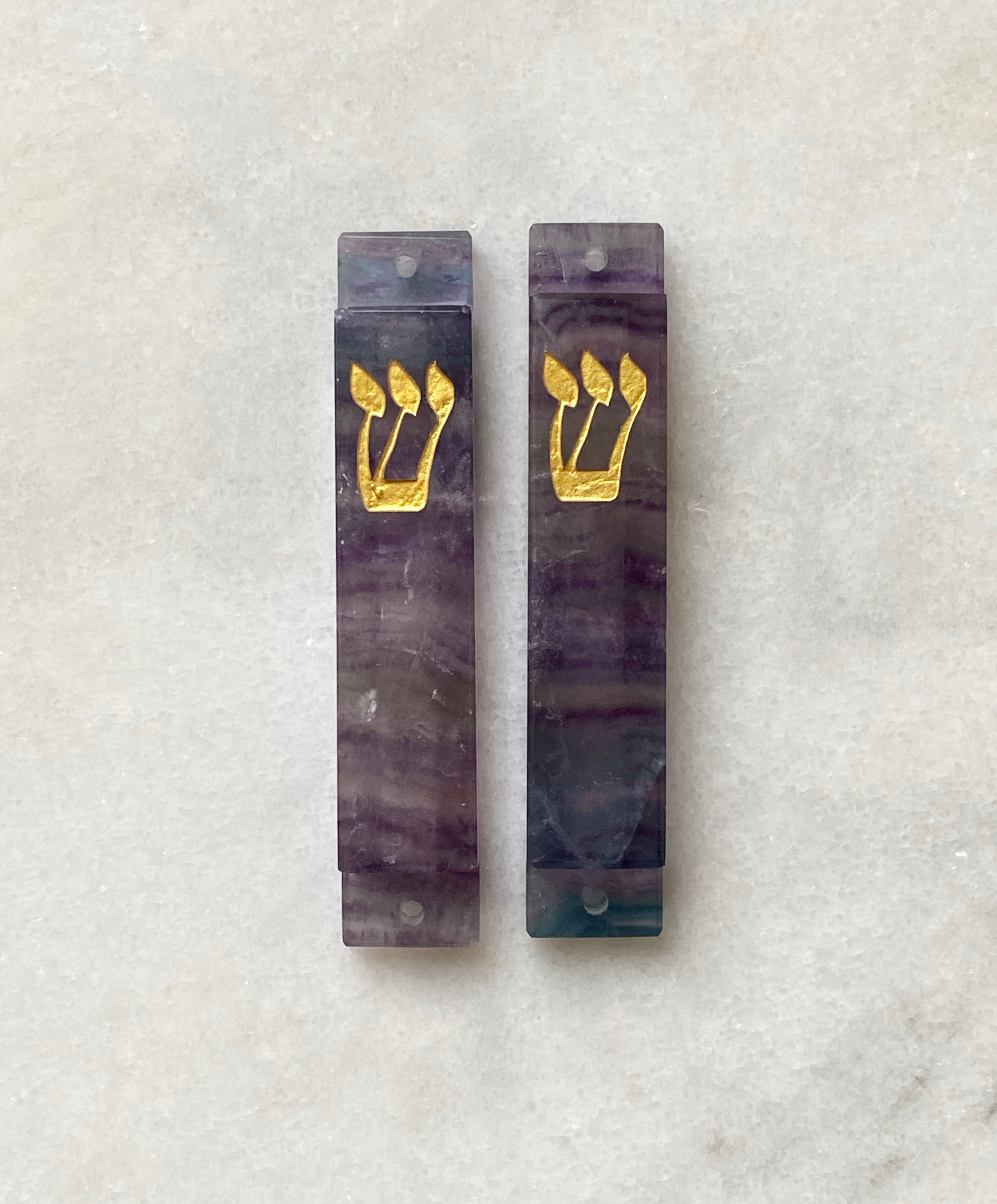 Green & Purple Fluorite Stone Mezuzah Gold Shin