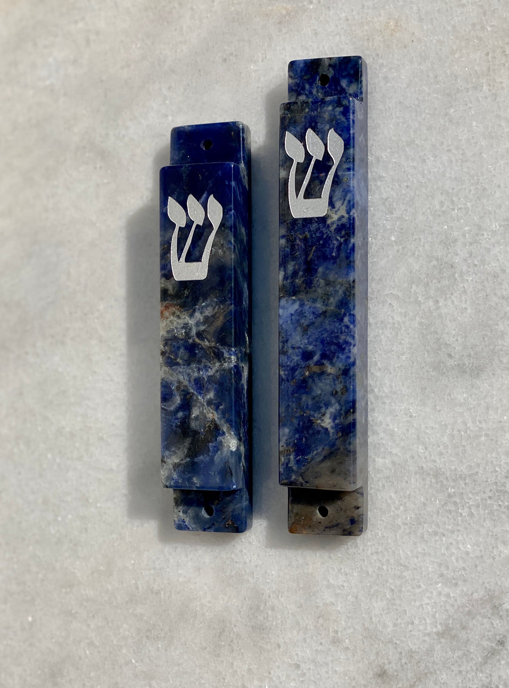 Blue Sodalite Stone Mezuzah with Silver Shin
