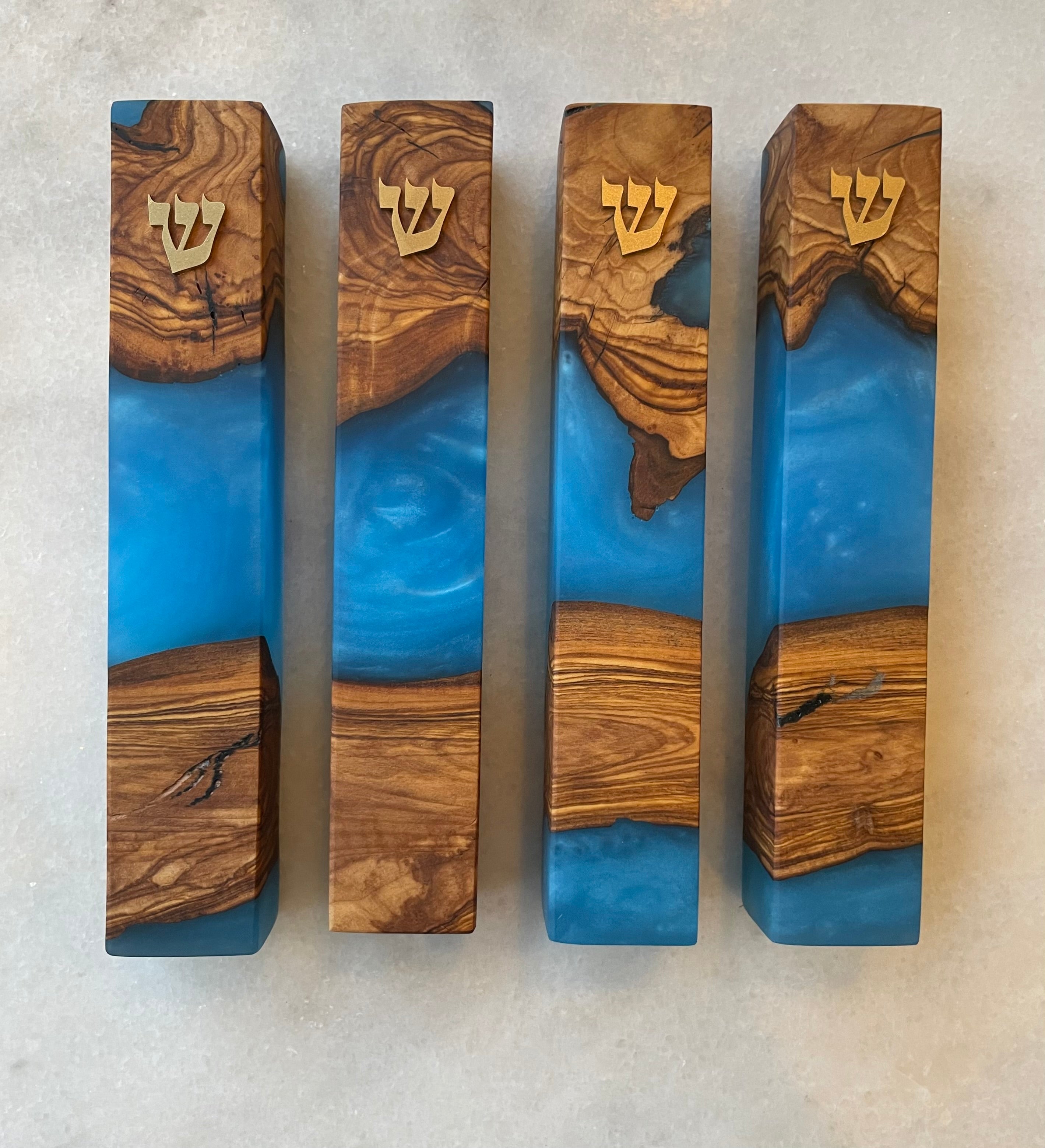 Olive Wood + Sky Blue Mezuzah | Gold Shin