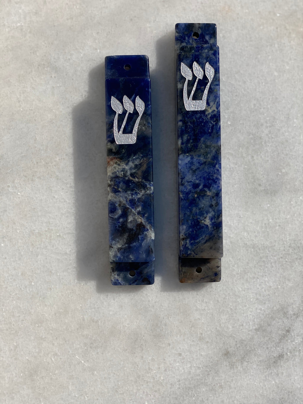 Blue Sodalite Stone Mezuzah with Silver Shin