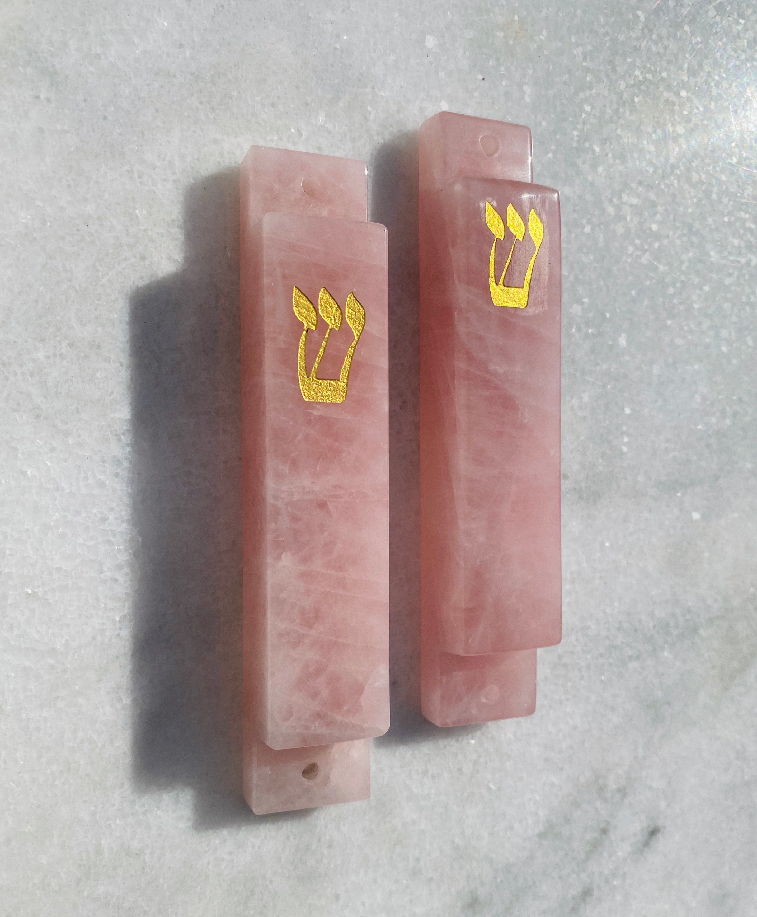 Carved Pink Quartz Stone with Gold Shin Mezuzah