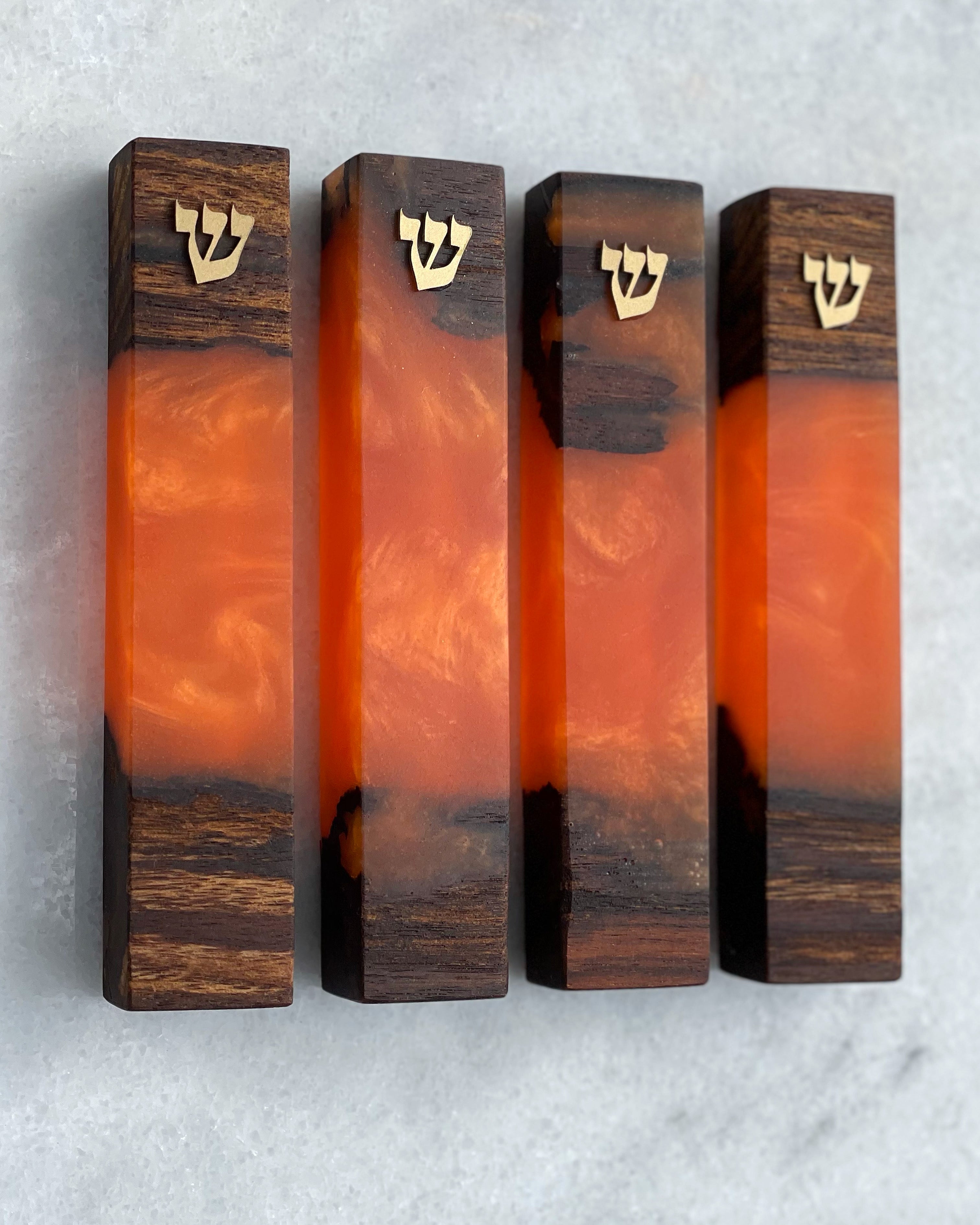 Olive Wood + Orange Mezuzah | Gold Shin