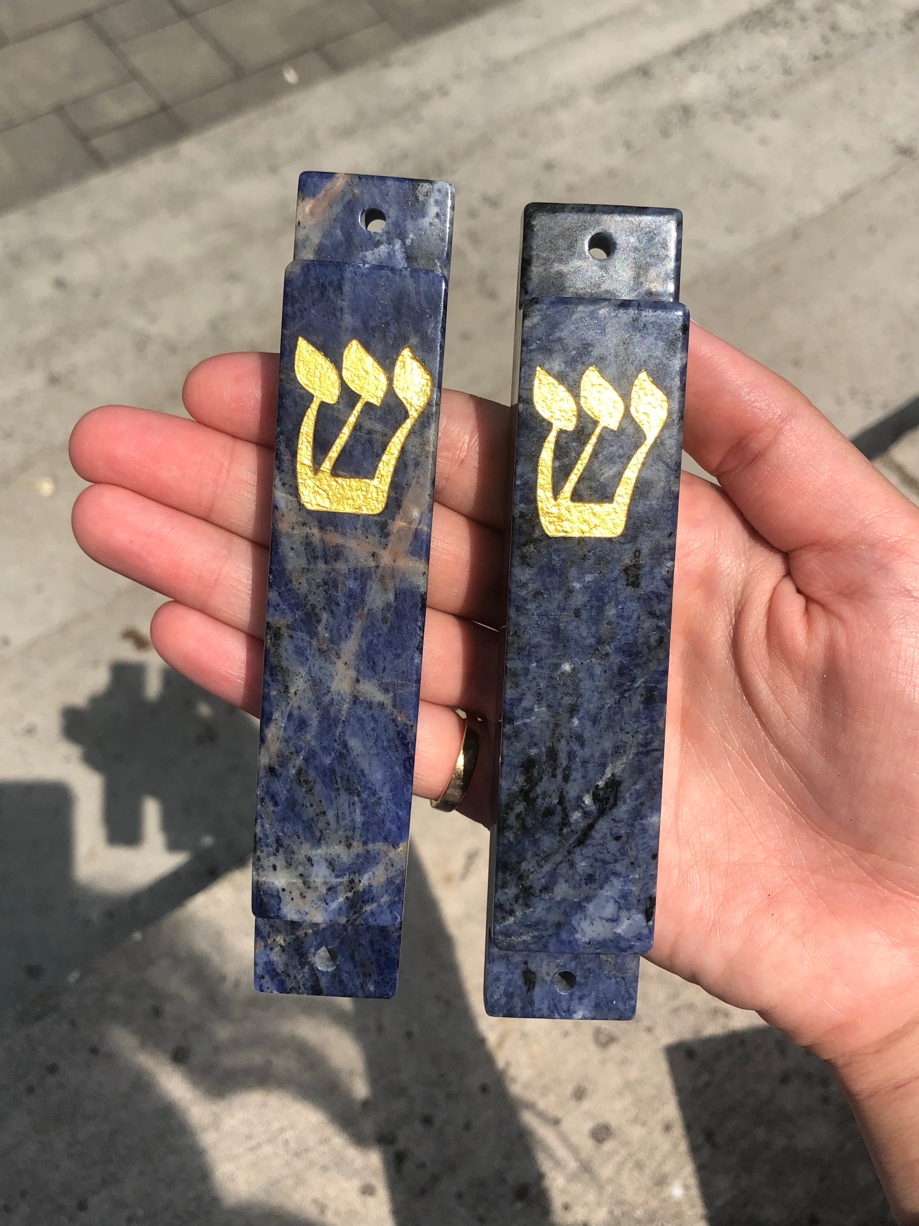 Blue Sodalite Stone Mezuzah with Gold Shin