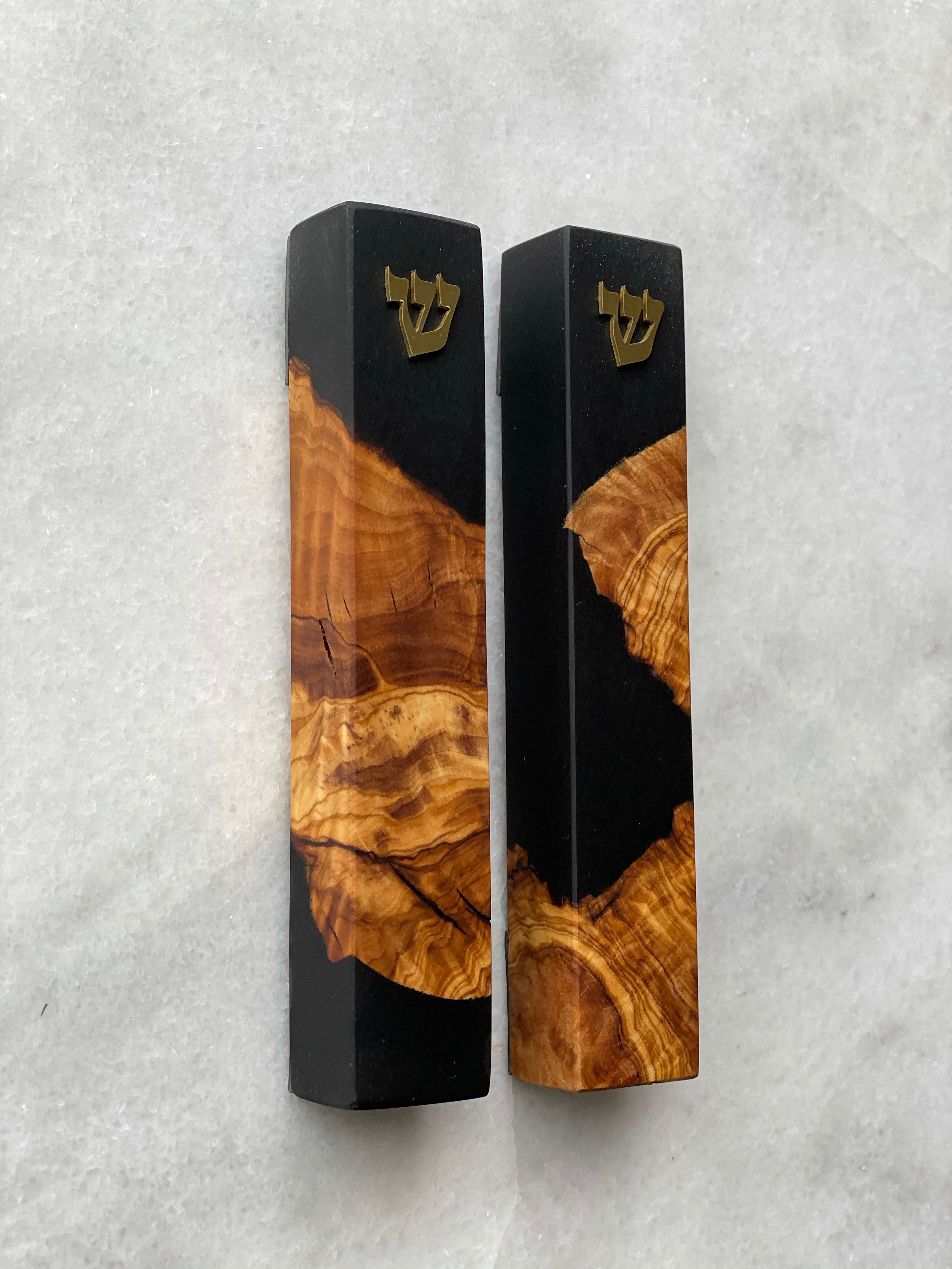 Olive Wood + Black Mezuzah | Gold Shin