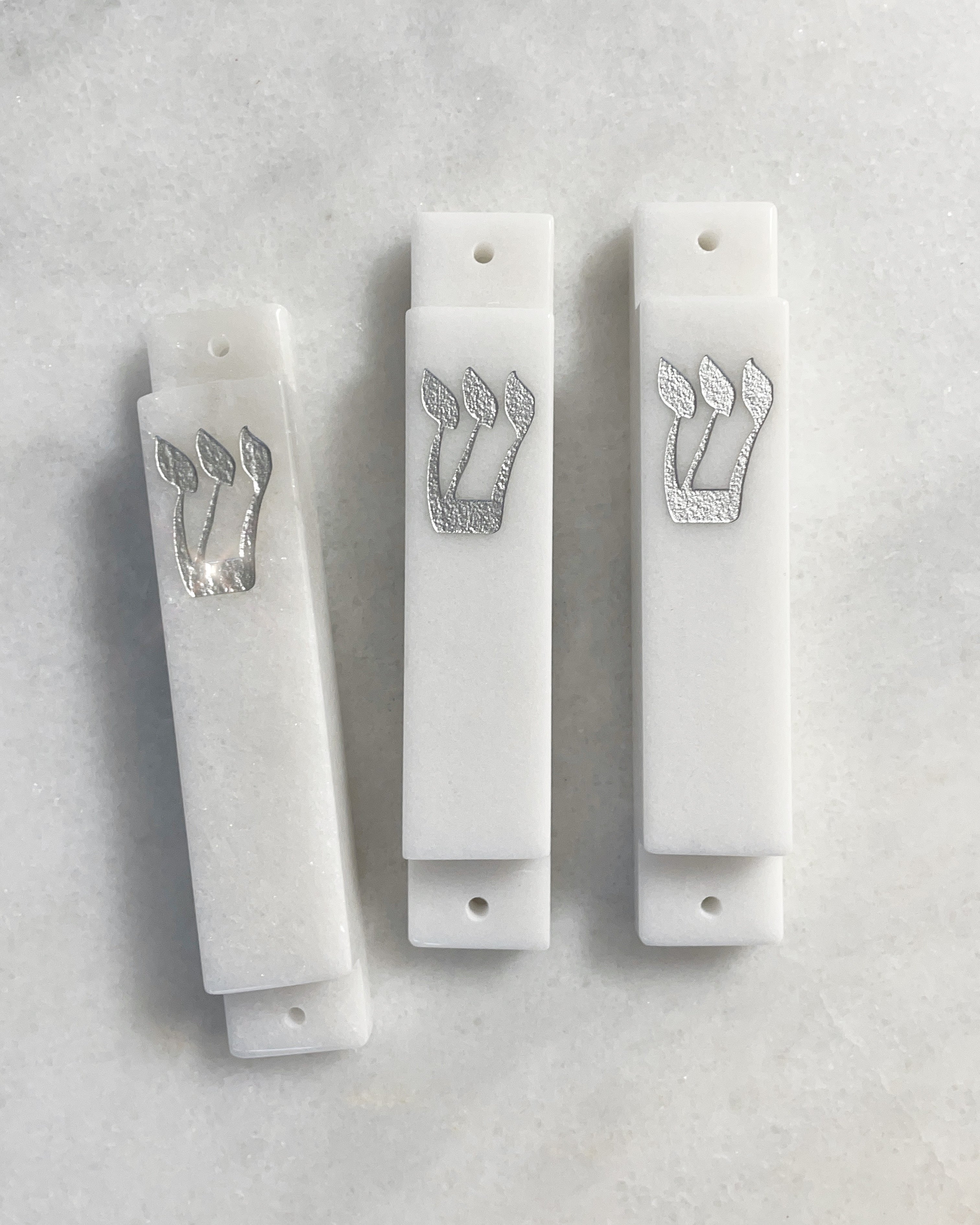 Carved White Jade Stone Mezuzah | Silver Shin
