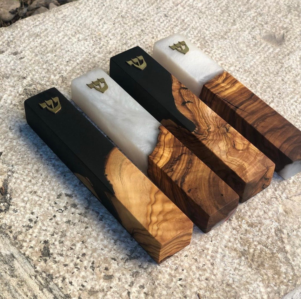 Olive Wood + Black Mezuzah | Gold Shin