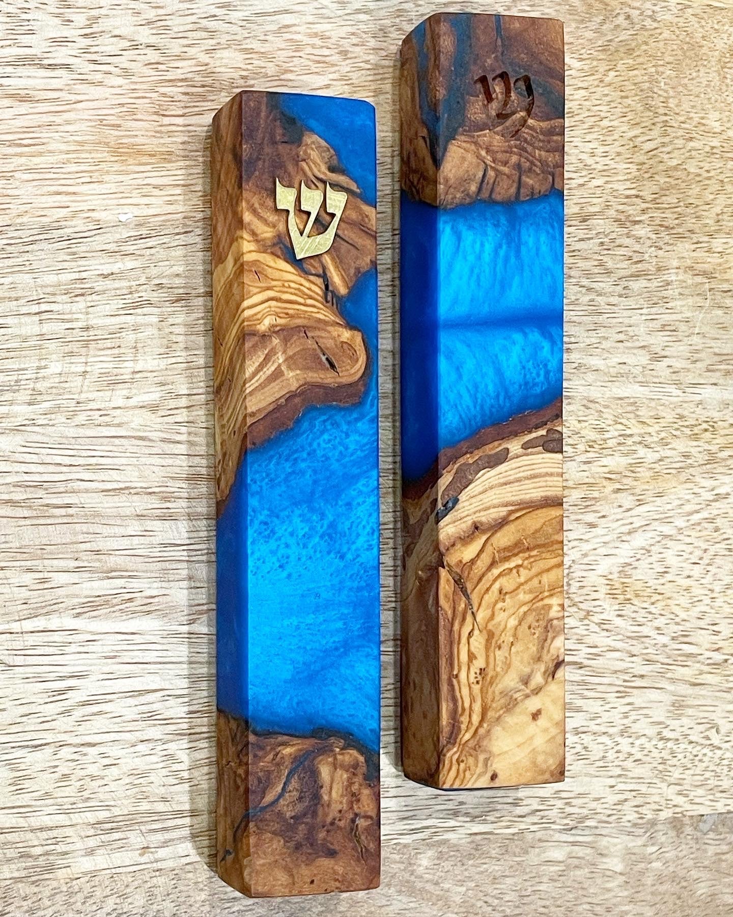 Burl Wood + Blue Mezuzah | Gold Shin