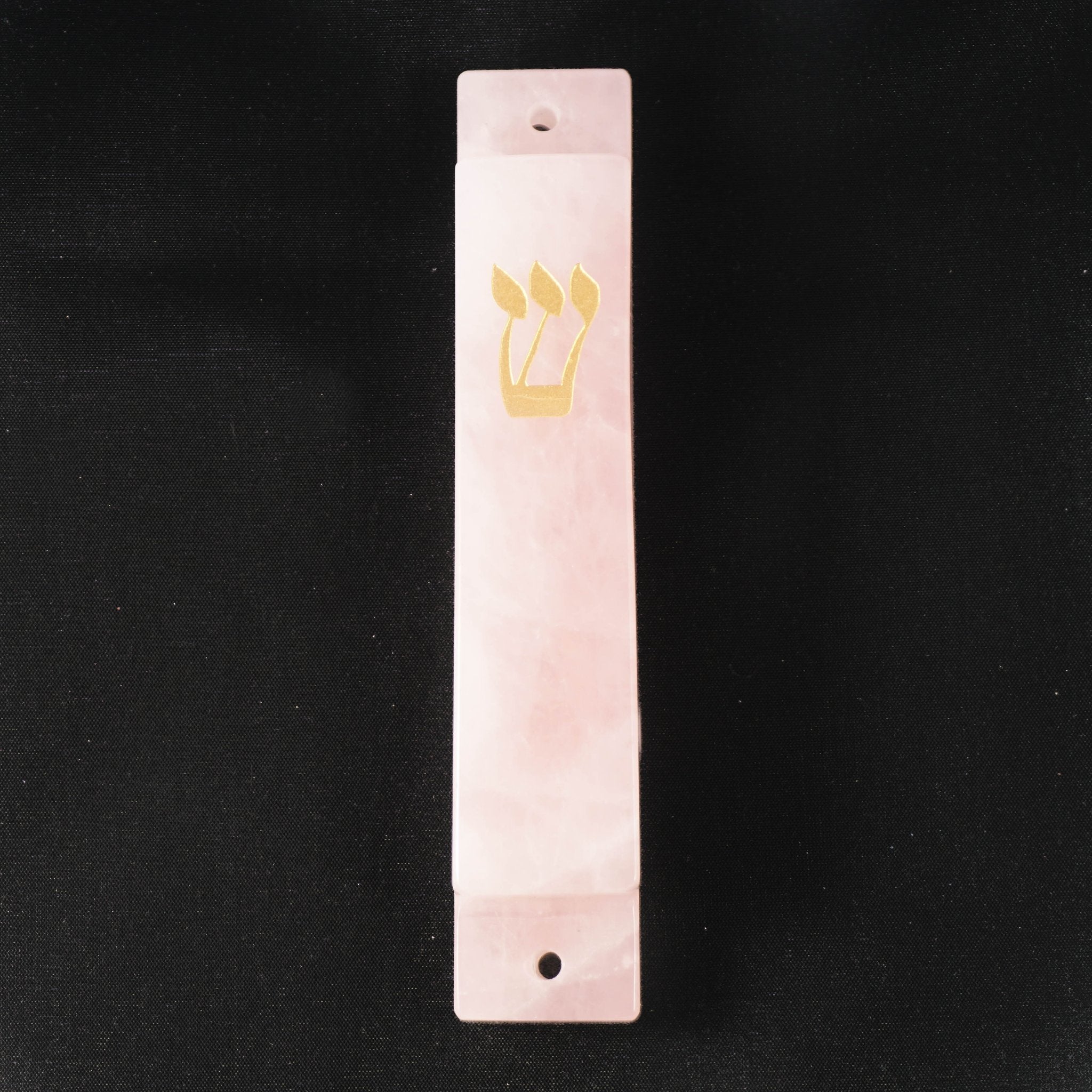 Carved Pink Quartz Stone with Gold Shin Mezuzah