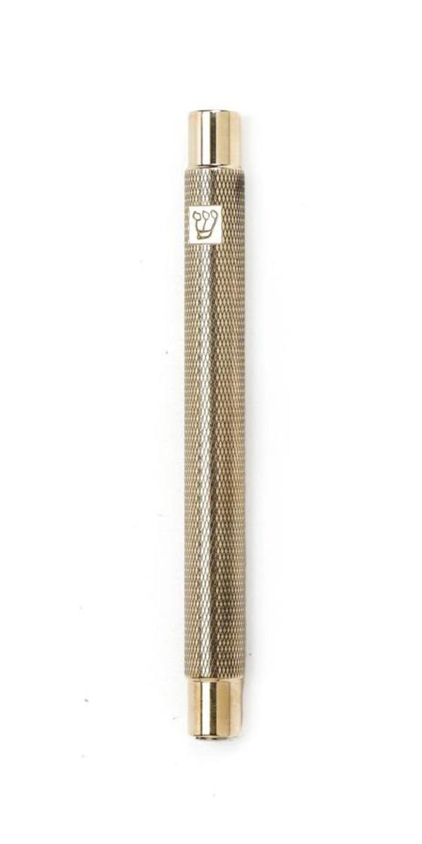 Textured Mezuzah with Stamped Shin | Shiny Brass