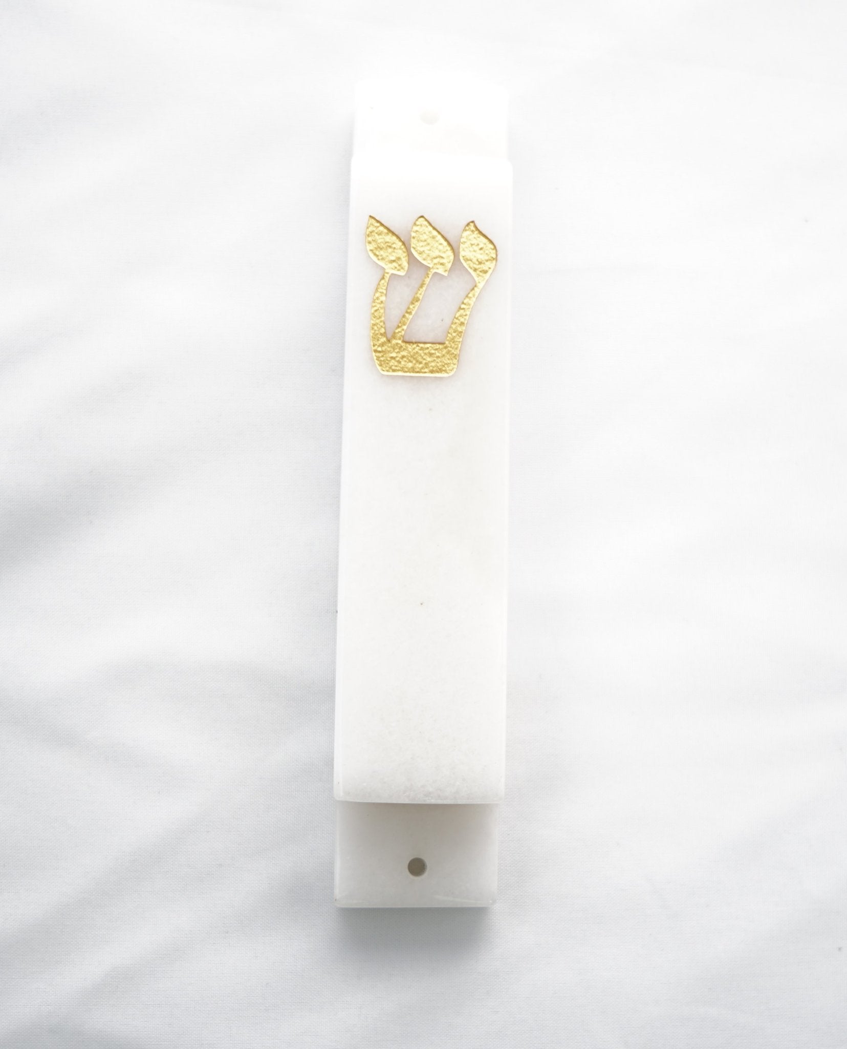 Carved White Jade Stone Mezuzah | Gold Shin